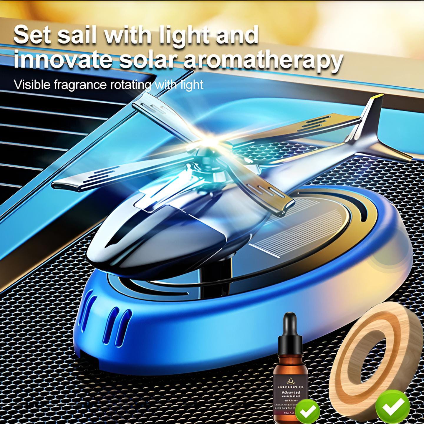 Solar Powered Rotating Helicopter Car Aromatherapy Air Freshener Alloy Abs Wood Fragrance Auto Aroma Diffuser (random Color)