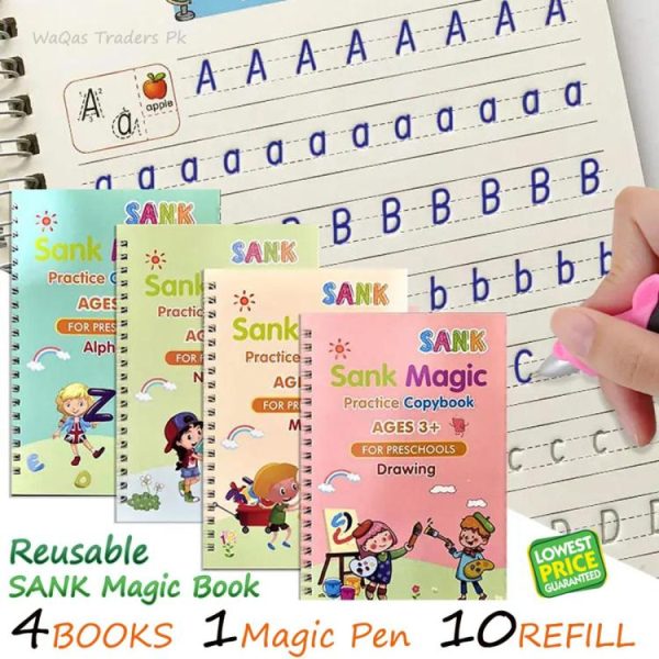 Pack Of 4 Sank Magic Book Practice | Tracing Handwriting First Pre-school Baby Learning Books For Kids (4 Books + 1 Magic Pen With 10 Ink Refills)