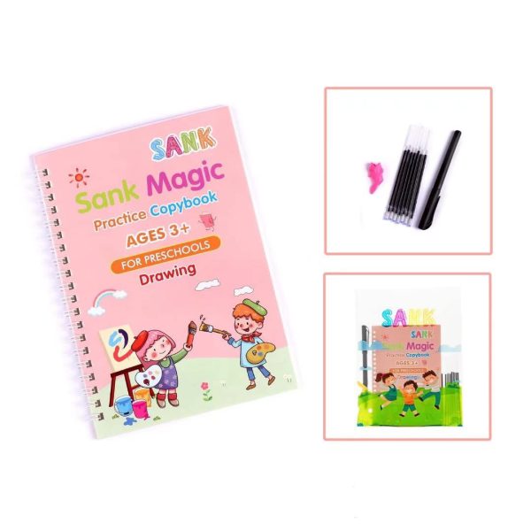 Pack Of 4 Sank Magic Book Practice | Tracing Handwriting First Pre-school Baby Learning Books For Kids (4 Books + 1 Magic Pen With 10 Ink Refills)